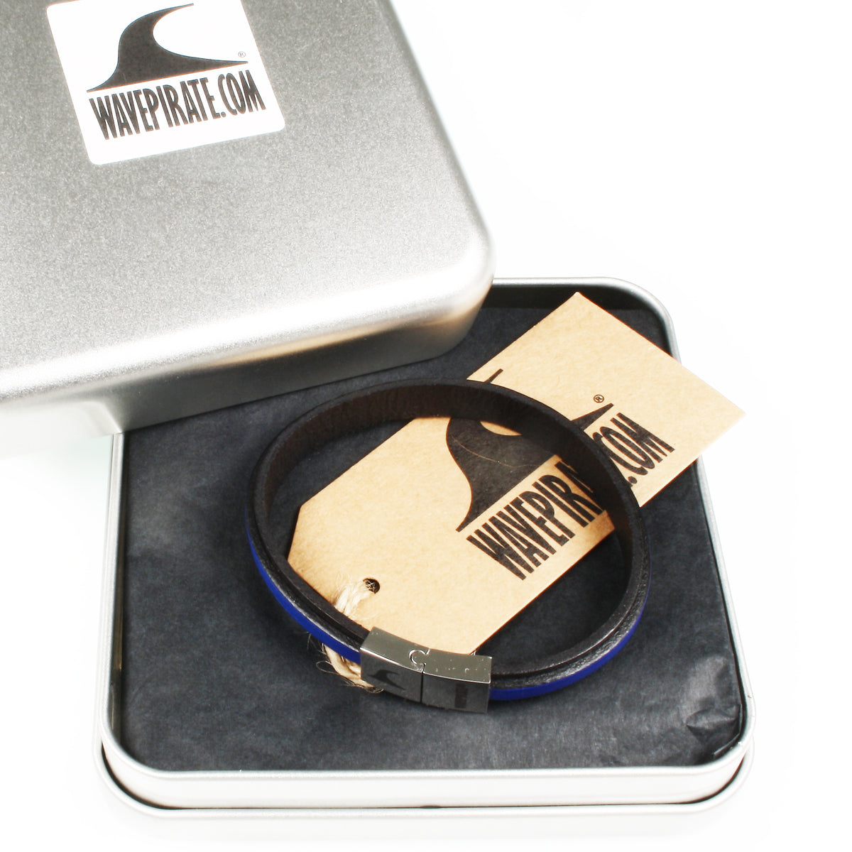 Leder-Armband-Herren-Line-schwarz-blau-flach-Edelstahlverschluss-geschenkbox-wavepirate-shop