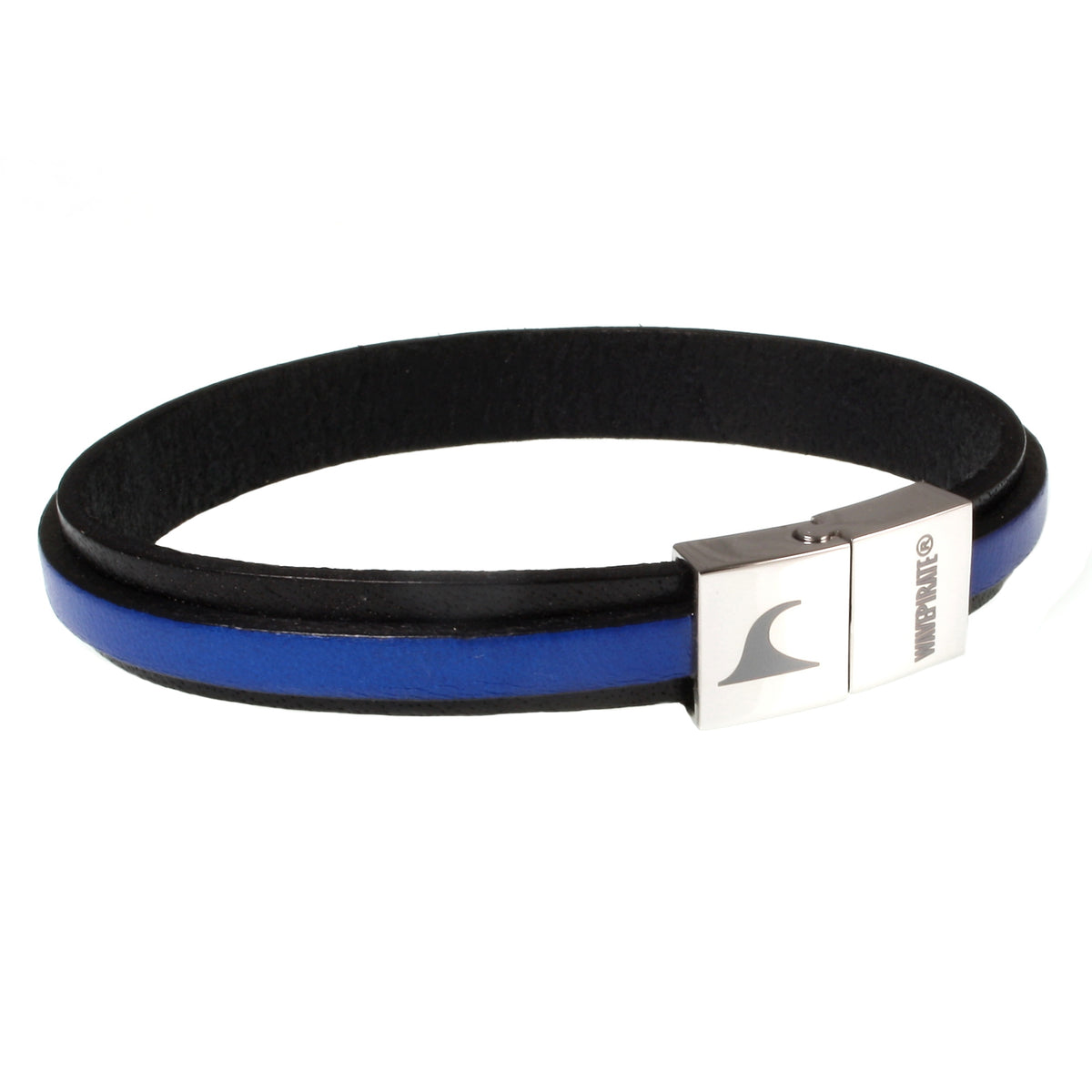 Leder-Armband-Herren-Line-schwarz-blau-flach-Edelstahlverschluss-vorn-wavepirate-shop