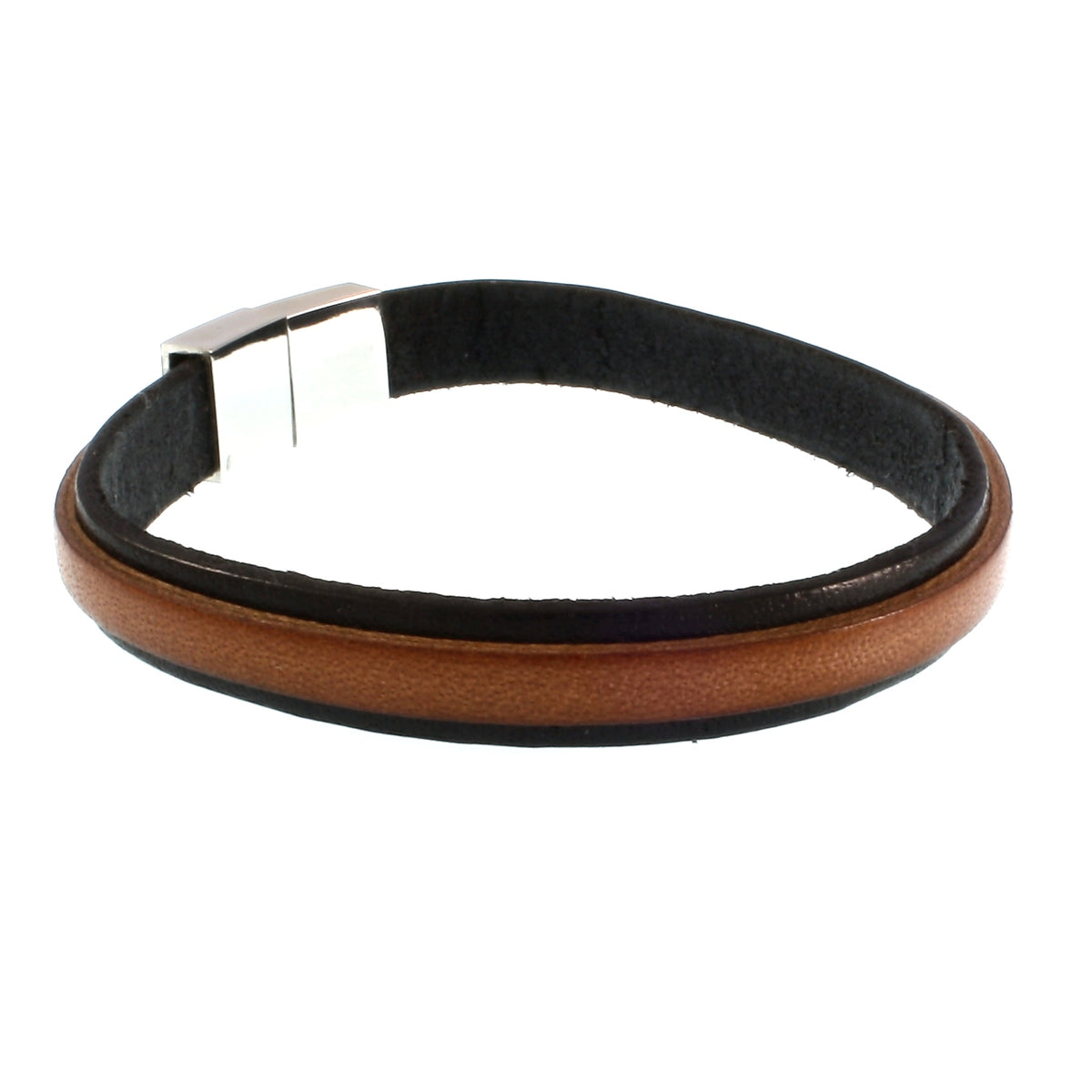 Leder-Armband-Herren-Line-schwarz-cognac-flach-Edelstahlverschluss-hinten-wavepirate-shop
