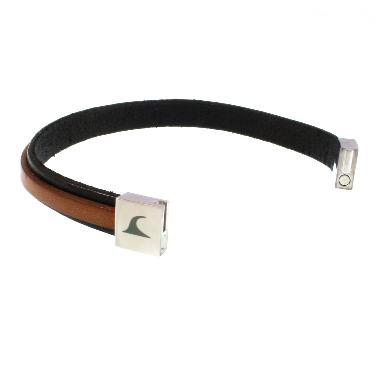 Leder-Armband-Herren-Line-schwarz-cognac-flach-Edelstahlverschluss-offen-wavepirate-shop
