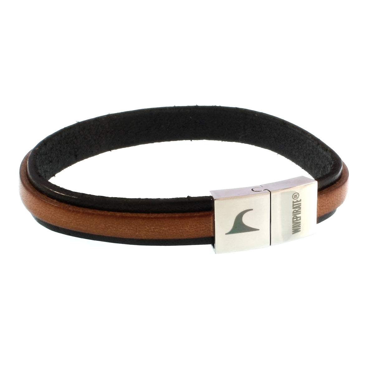 Leder-Armband-Herren-Line-schwarz-cognac-flach-Edelstahlverschluss-vorn-wavepirate-shop