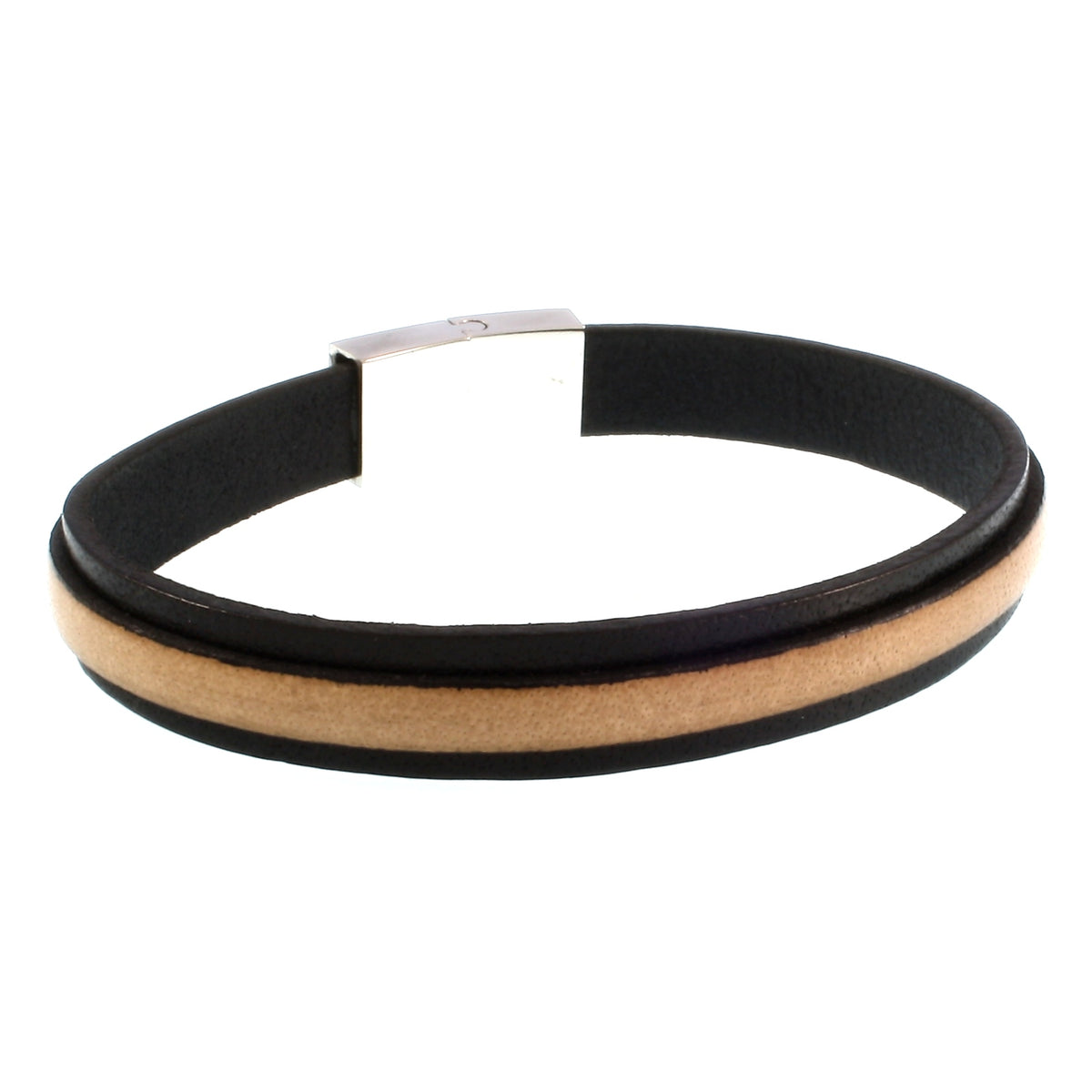 Leder-Armband-Herren-Line-schwarz-elfenbein-flach-Edelstahlverschluss-hinten-wavepirate-shop