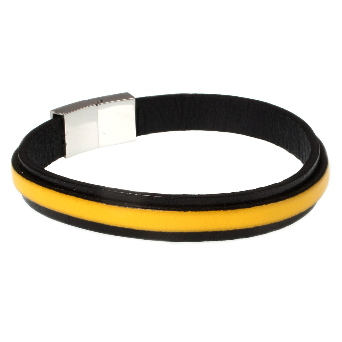 Leder-Armband-Herren-Line-schwarz-gelb-flach-Edelstahlverschluss-hinten-wavepirate-shop