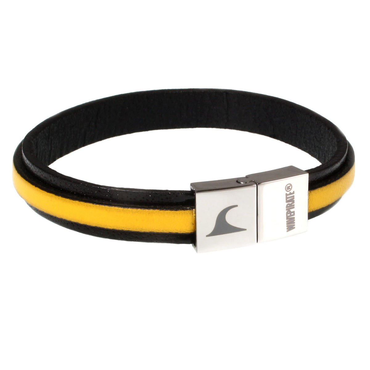 Leder-Armband-Herren-Line-schwarz-gelb-flach-Edelstahlverschluss-vorn-wavepirate-shop
