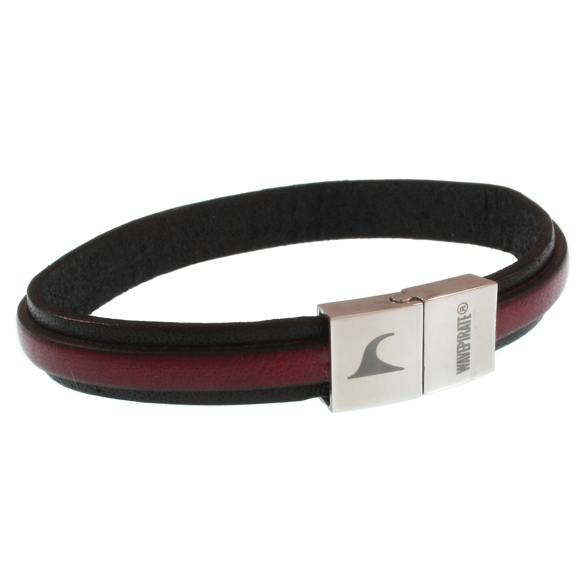 Leder-Armband-Herren-Line-schwarz-mahagoni-flach-Edelstahlverschluss-vorn-wavepirate-shop