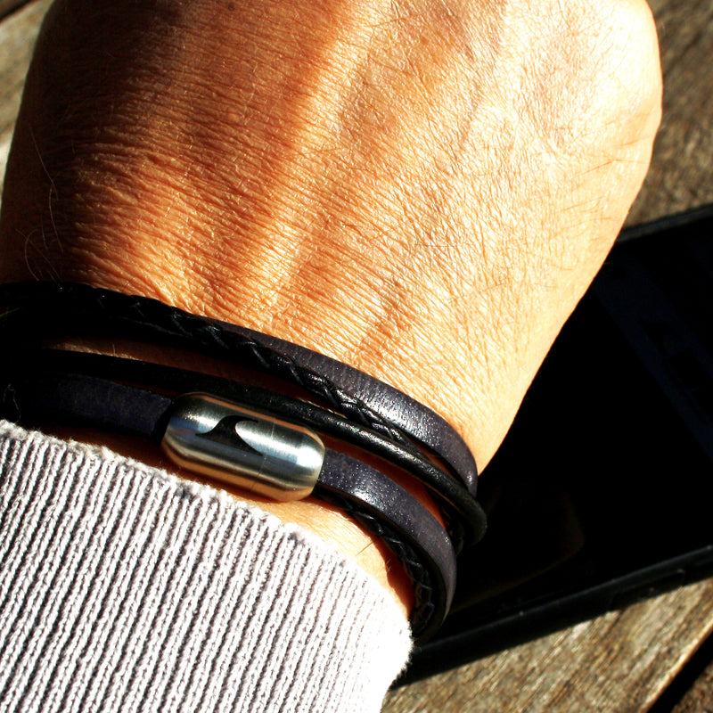 Leder-Armband-Herren-Mixed-schwarz-grau-rund-Edelstahlverschluss-getragen-wavepirate-shop-lf