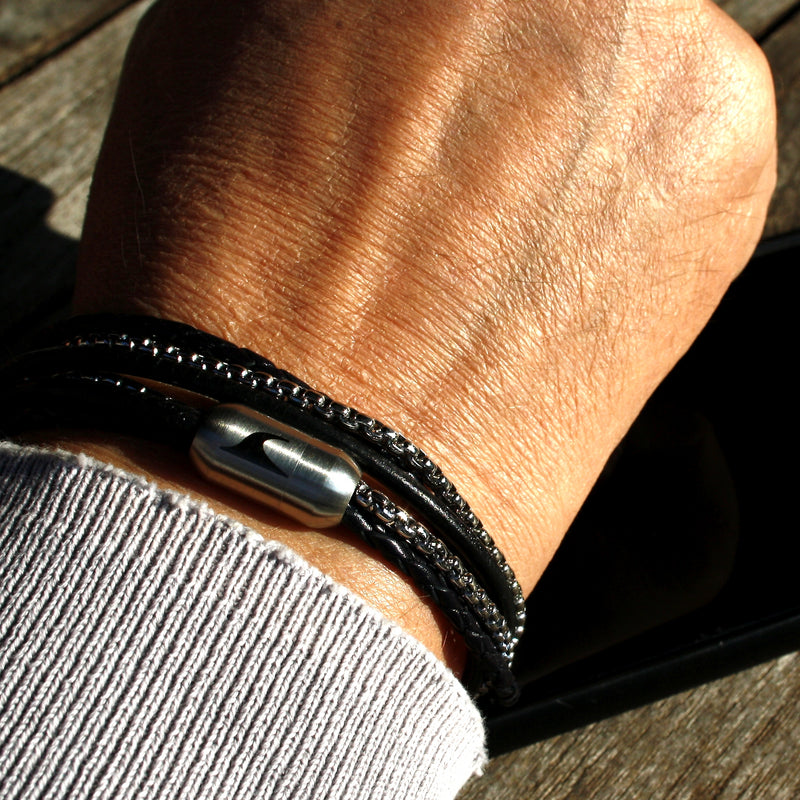 Leder-Armband-Herren-Mixed-schwarz-rund-Edelstahlverschluss-getragen-wavepirate-shop-lrs