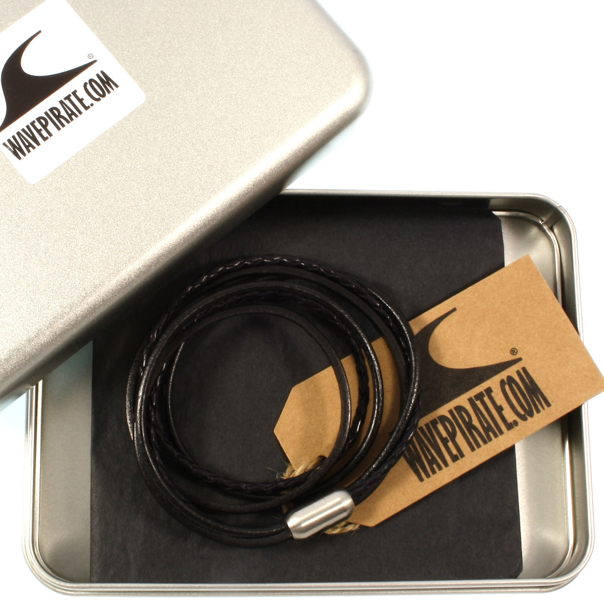 Leder-Armband-Herren-Mixed-schwarz-silber-rund-Edelstahlverschluss-geschenkverpackung-wavepirate-shop-lf