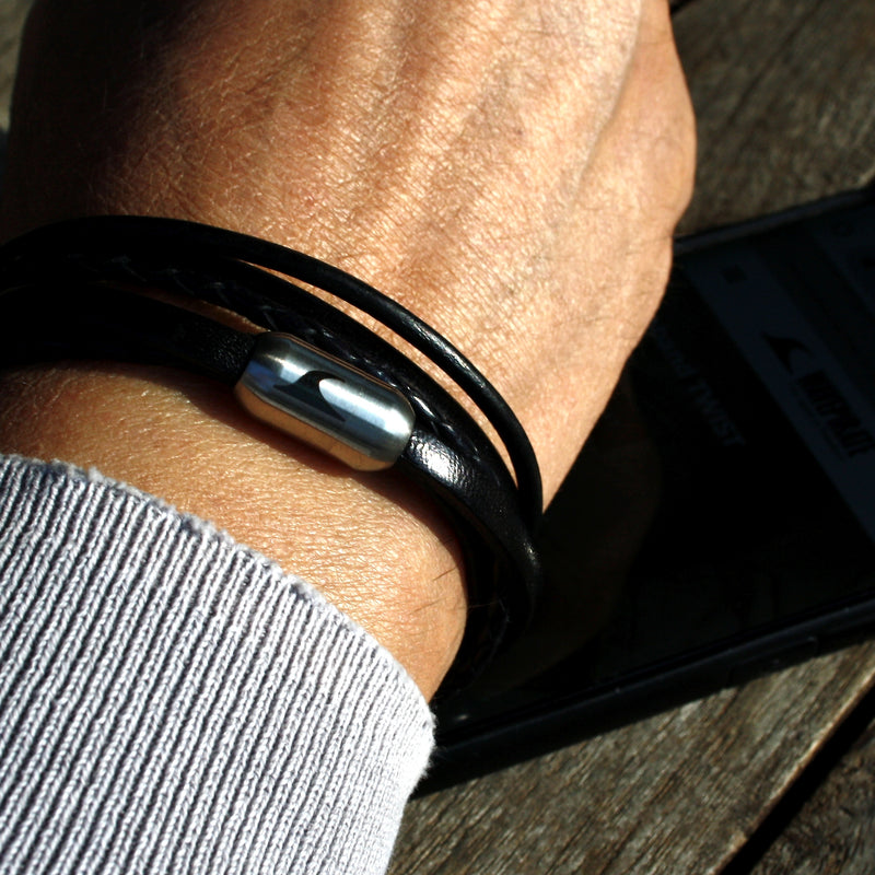 Leder-Armband-Herren-Mixed-schwarz-silber-rund-Edelstahlverschluss-getragen-wavepirate-shop-lf
