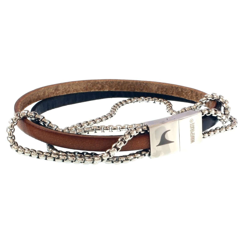 Leder-Armband-Herren-Rex-edelstahlkette-cognac-navy-flach-Edelstahlverschluss-vorn-wavepirate-shop