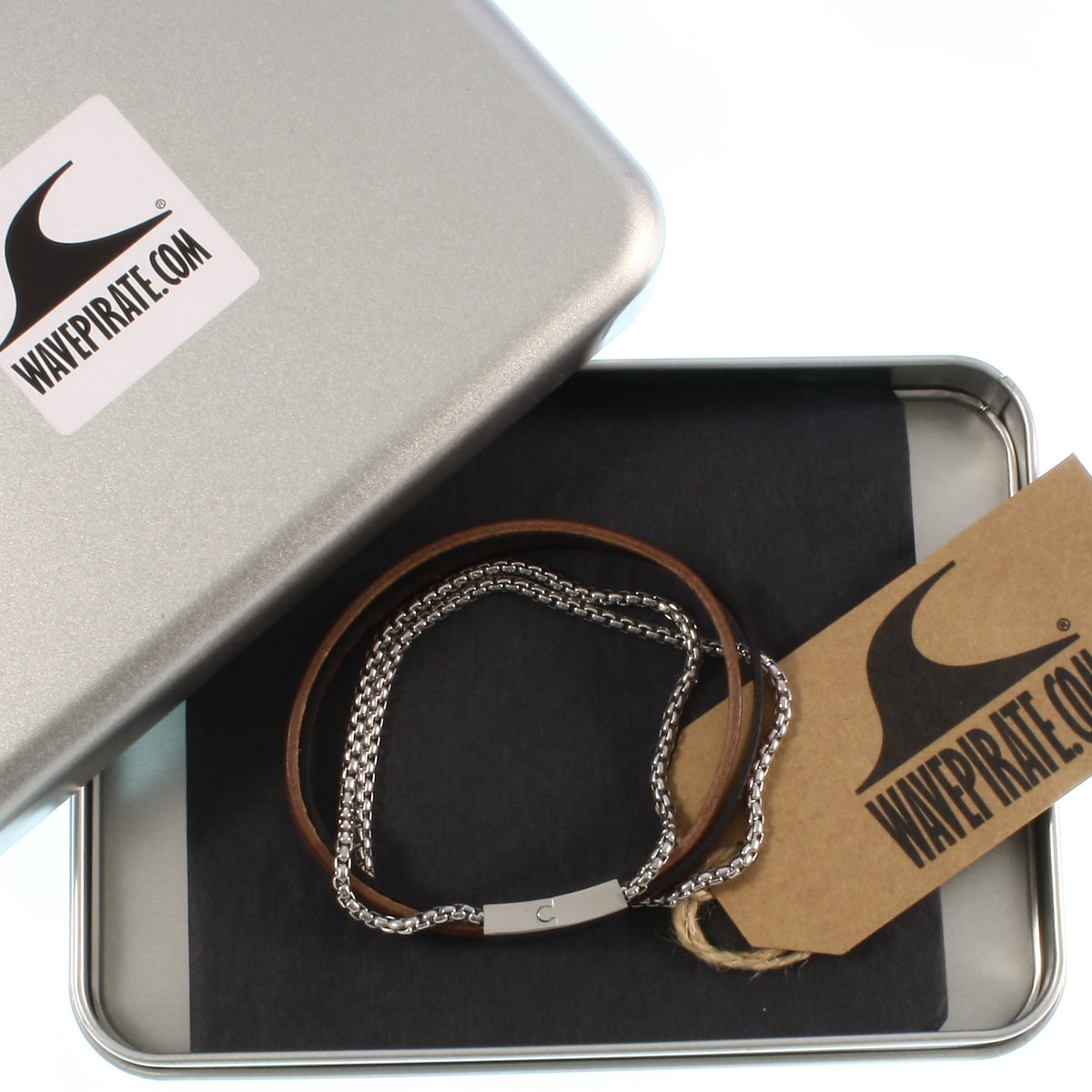 Leder-Armband-Herren-Rex-edelstahlkette-mahagoni-cognac-flach-Edelstahlverschluss-geschenkbox-wavepirate-shop