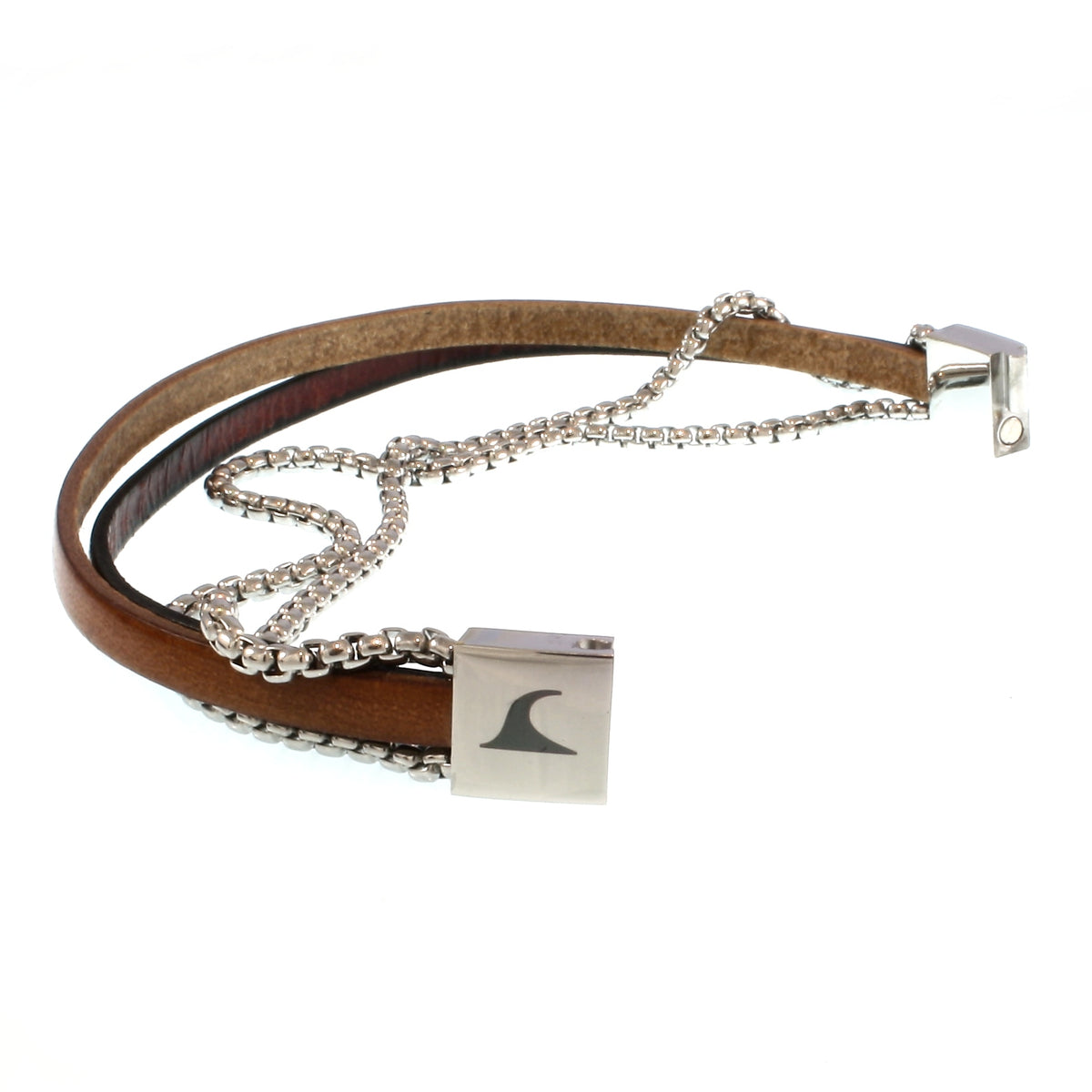 Leder-Armband-Herren-Rex-edelstahlkette-mahagoni-cognac-flach-Edelstahlverschluss-offen-wavepirate-shop