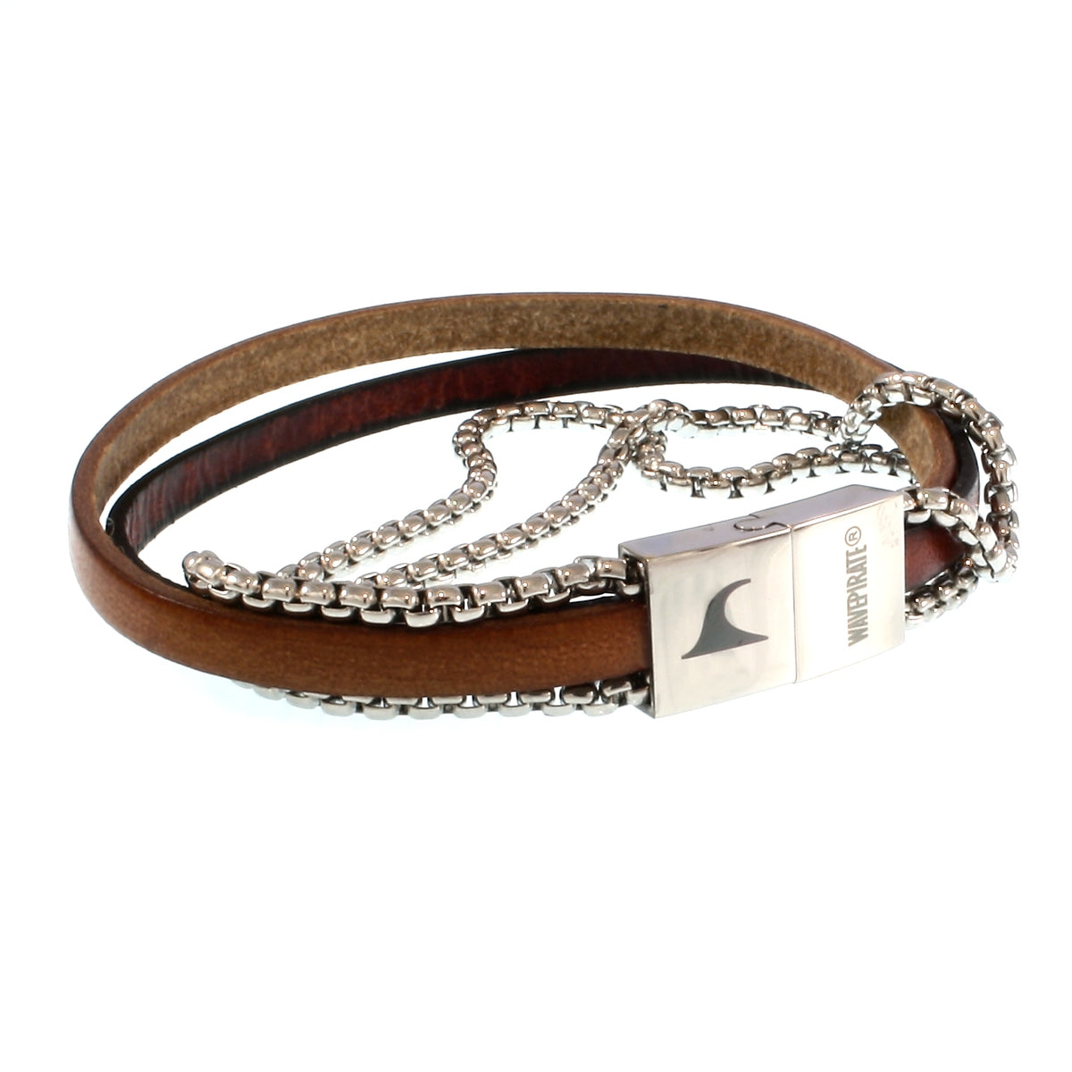 Leder-Armband-Herren-Rex-edelstahlkette-mahagoni-cognac-flach-Edelstahlverschluss-vorn-wavepirate-shop
