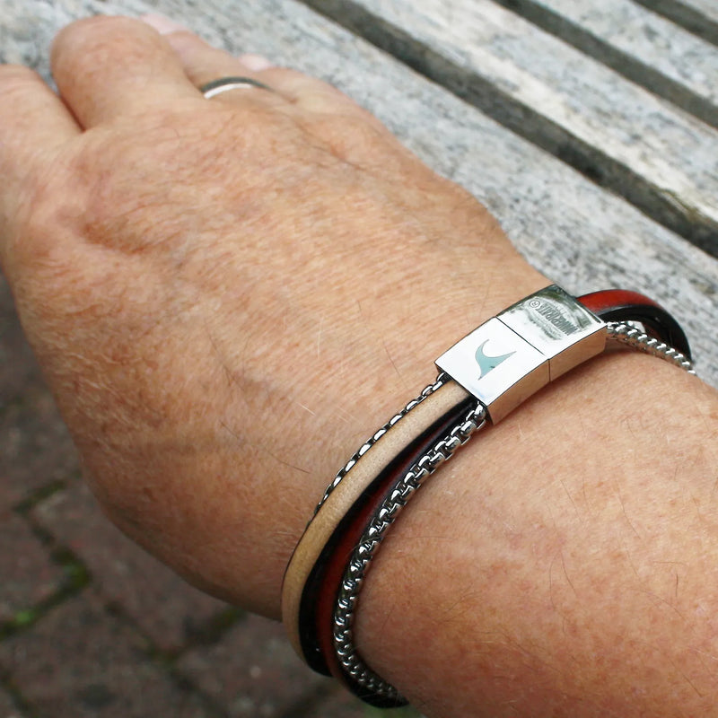 Leder-Armband-Herren-Rex-edelstahlkette-mahagoni-elfenbein-flach-Edelstahlverschluss-getragen-wavepirate-shop-2