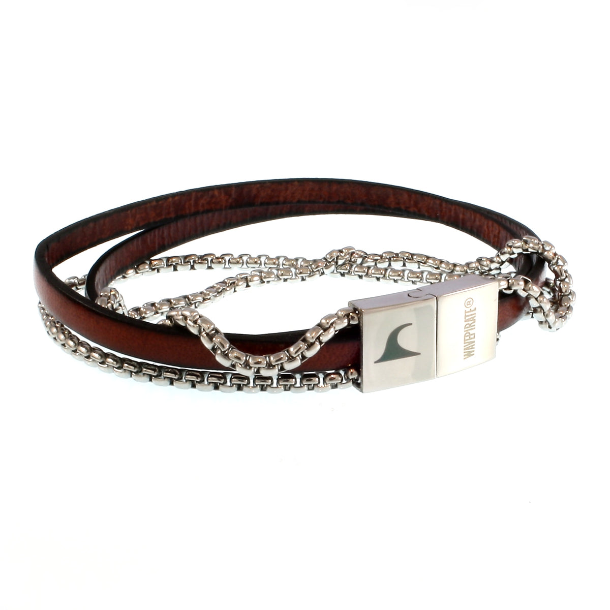 Leder-Armband-Herren-Rex-edelstahlkette-mahagoni-flach-Edelstahlverschluss-vorn-wavepirate-shop