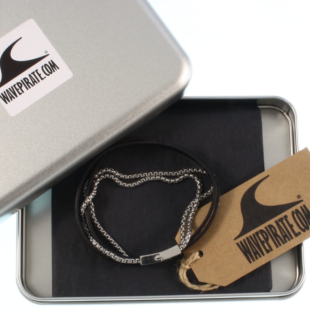Leder-Armband-Herren-Rex-edelstahlkette-schwarz-flach-Edelstahlverschluss-geschenkbox-wavepirate-shop