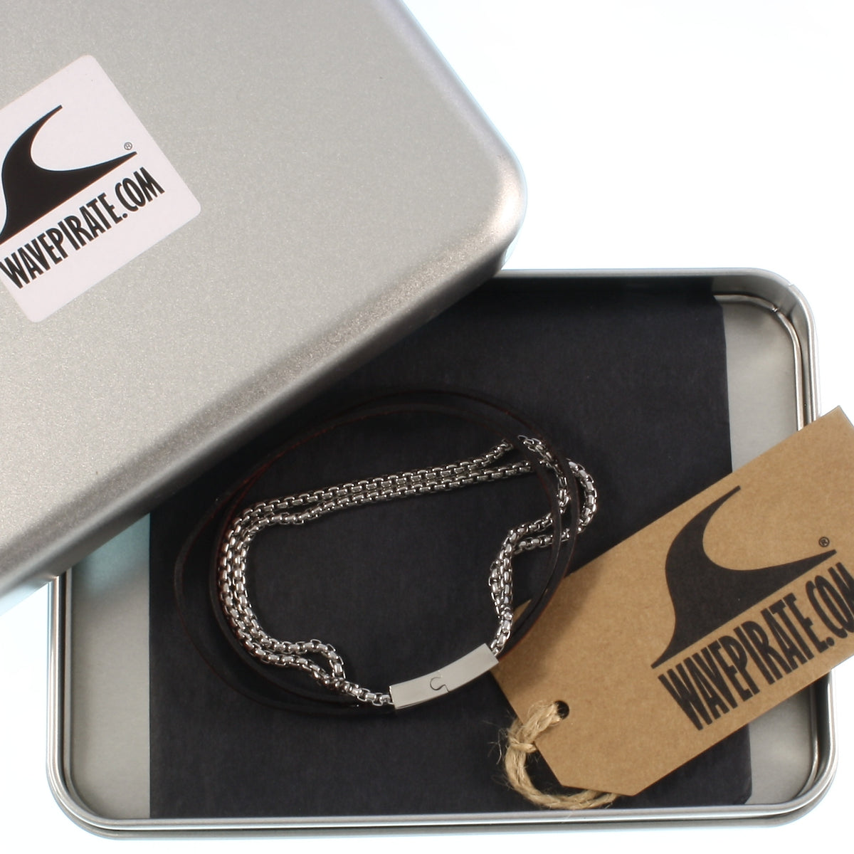 Leder-Armband-Herren-Rex-edelstahlkette-schwarz-mahagoni-flach-Edelstahlverschluss-geschenkbox-wavepirate-shop