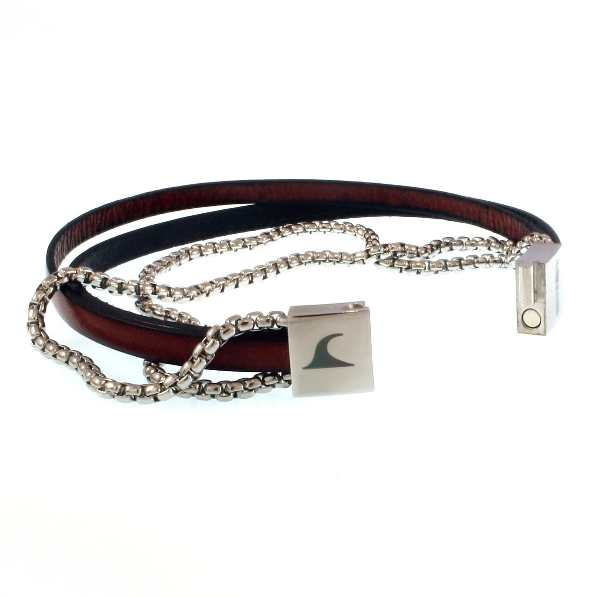 Leder-Armband-Herren-Rex-edelstahlkette-schwarz-mahagoni-flach-Edelstahlverschluss-offen-wavepirate-shop