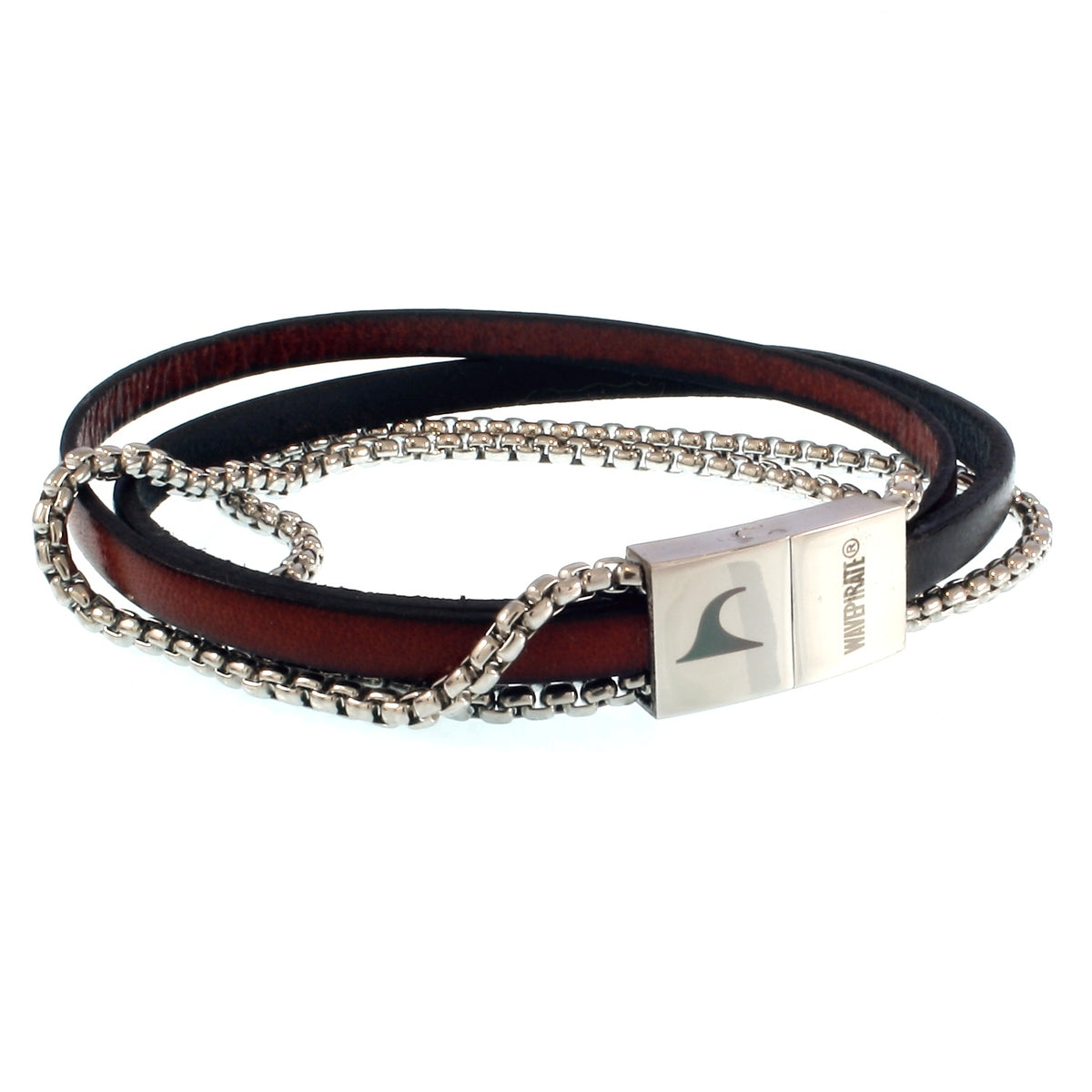 Leder-Armband-Herren-Rex-edelstahlkette-schwarz-mahagoni-flach-Edelstahlverschluss-vorn-wavepirate-shop