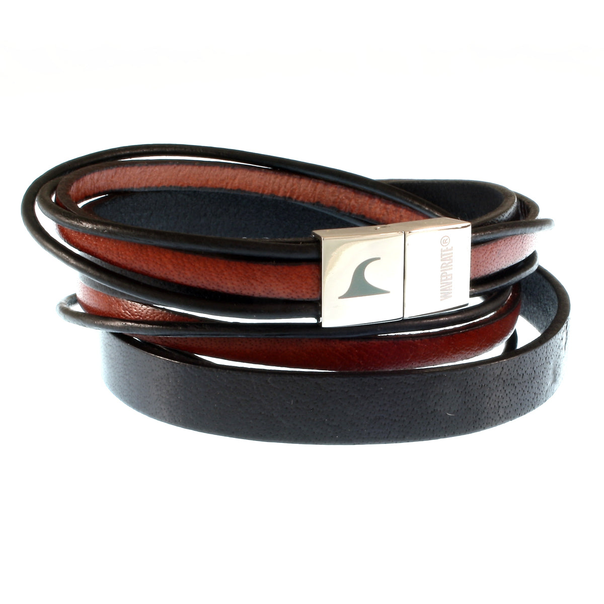Leder-Armband-Herren-Rockstar-schwarz-mahagoni-flach-Edelstahlverschluss-vorn-wavepirate-shop