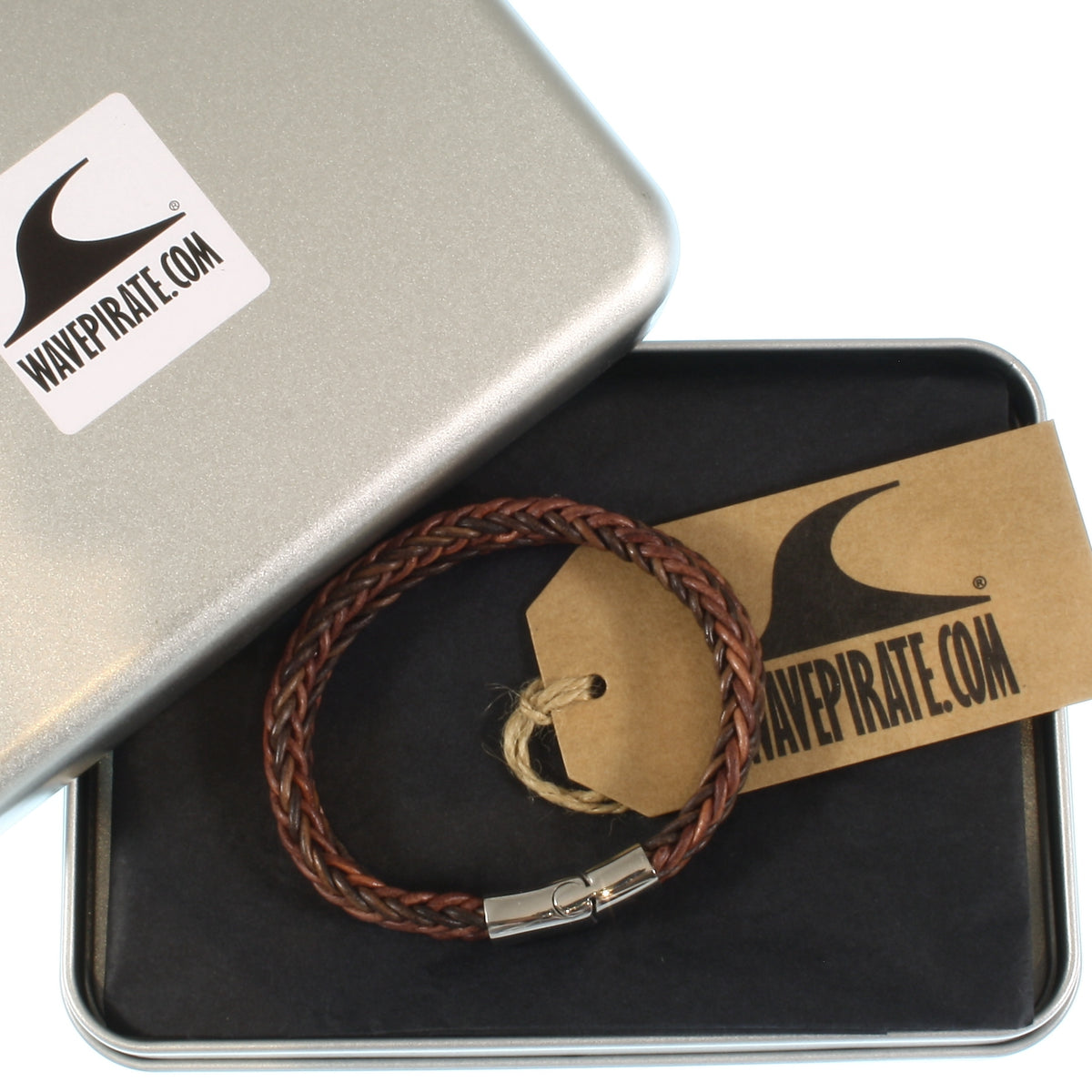 Leder-Armband-Herren-Tarifa-braun-geflochten-Edelstahlverschluss-geschenkbox-wavepirate-shop-z8