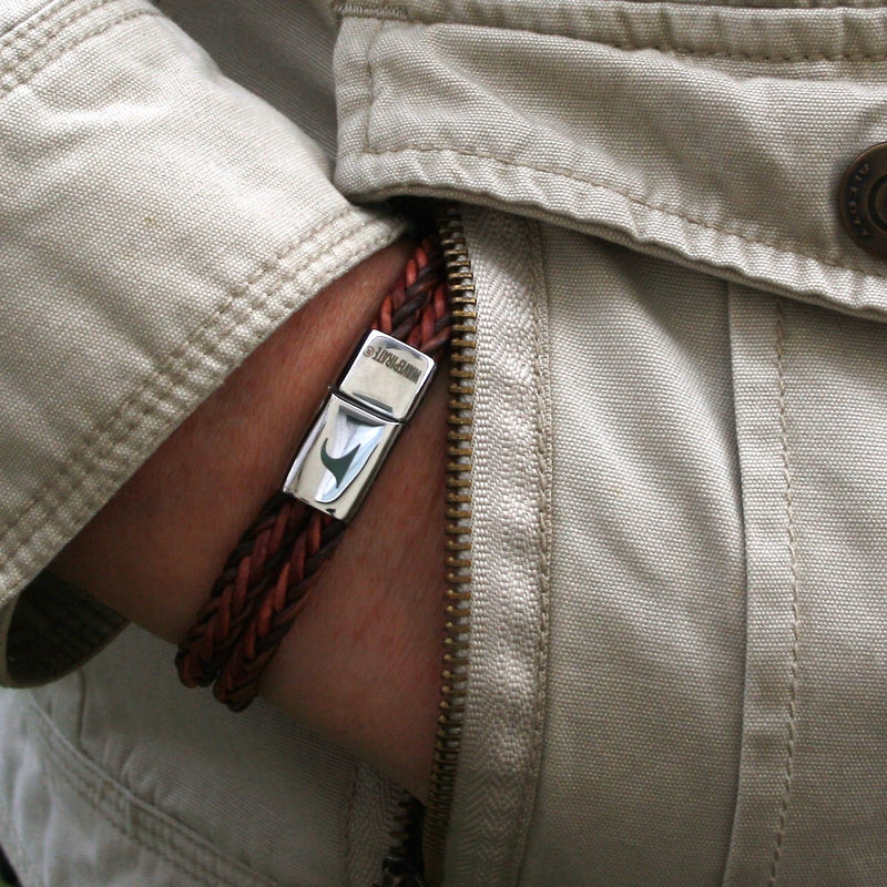 Leder-Armband-Herren-Tarifa-braun-geflochten-Edelstahlverschluss-getragen-wavepirate-shop-z8