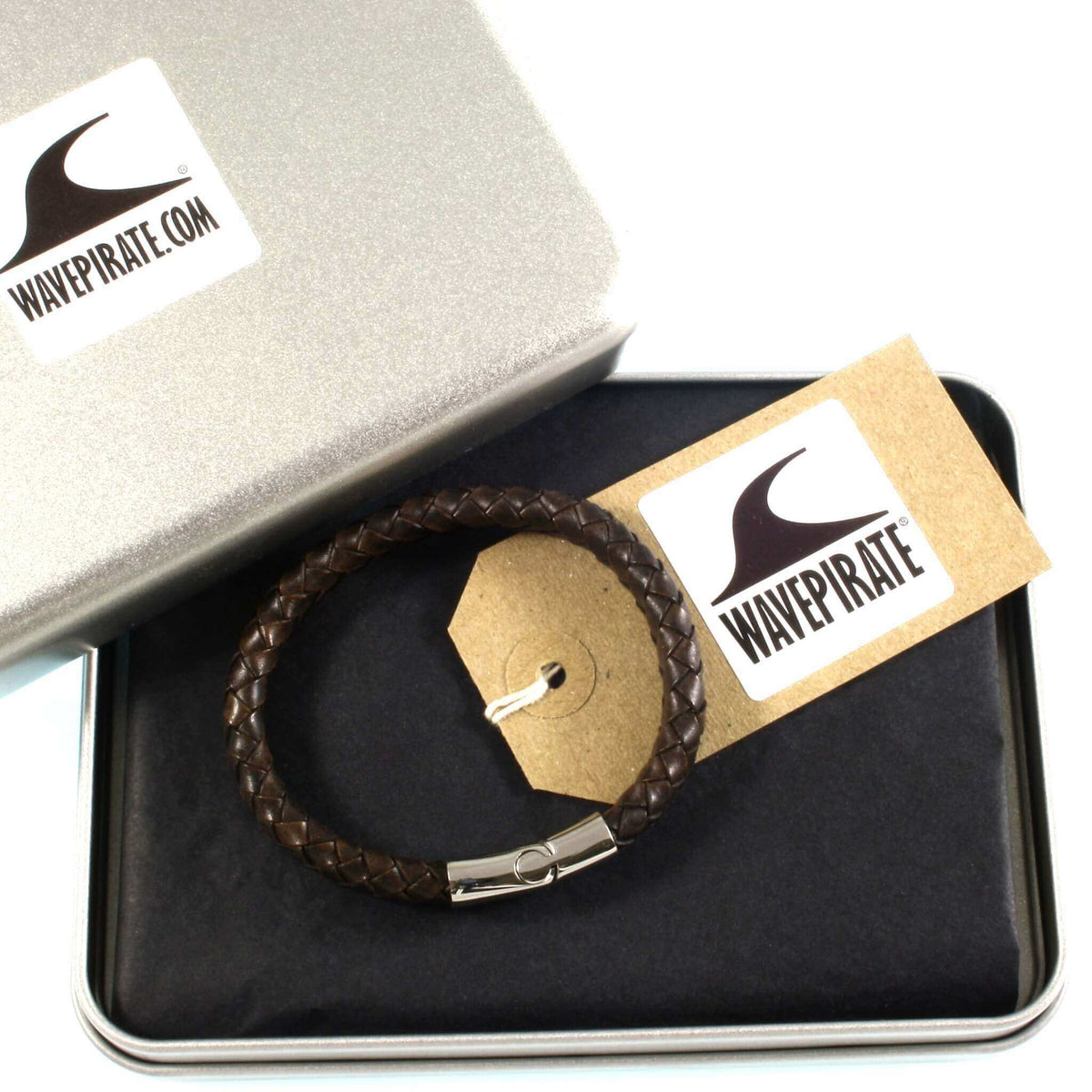 Leder-Armband-Herren-Tarifa-dunkelbraun-geflochten-oval-Edelstahlverschluss-verpackt-wavepirate-shop-ov