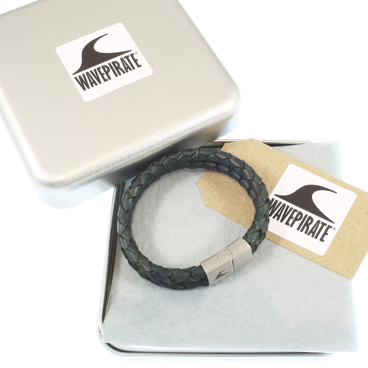 Leder-Armband-Herren-Tarifa-gruen-geflochten-Edelstahlverschluss-geschenkbox-wavepirate-shop-f