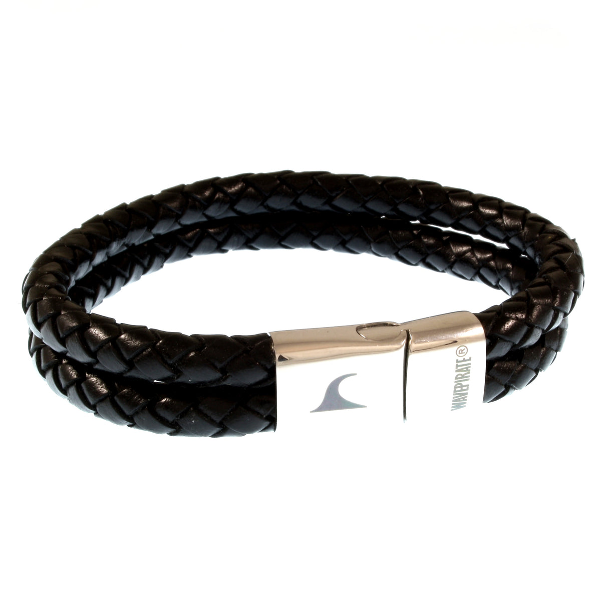 Leder-Armband-Herren-Tarifa-schwarz-geflochten-Edelstahlverschluss-vorn-wavepirate-shop-f