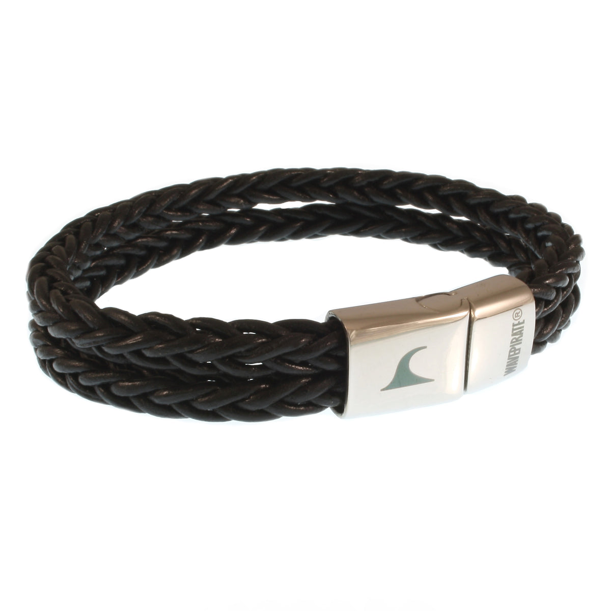Leder-Armband-Herren-Tarifa-schwarz-geflochten-Edelstahlverschluss-vorn-wavepirate-shop-z8