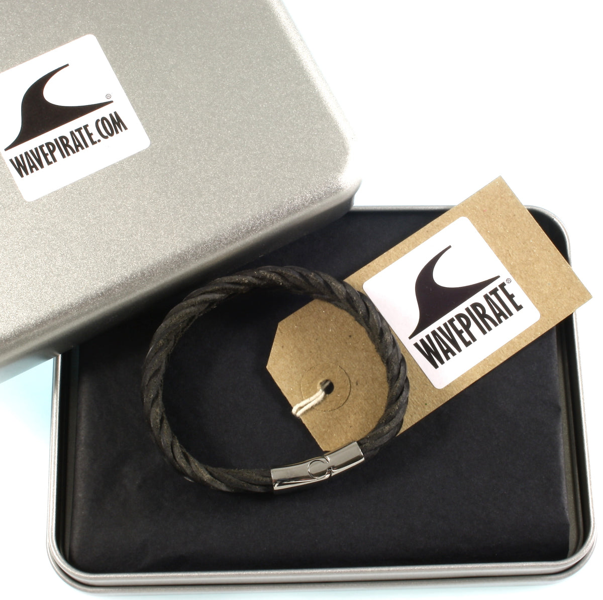 Leder-Armband-Herren-Tarifa-schwarz-geflochten-flach-Edelstahlverschluss-verpackt-wavepirate-shop-f15