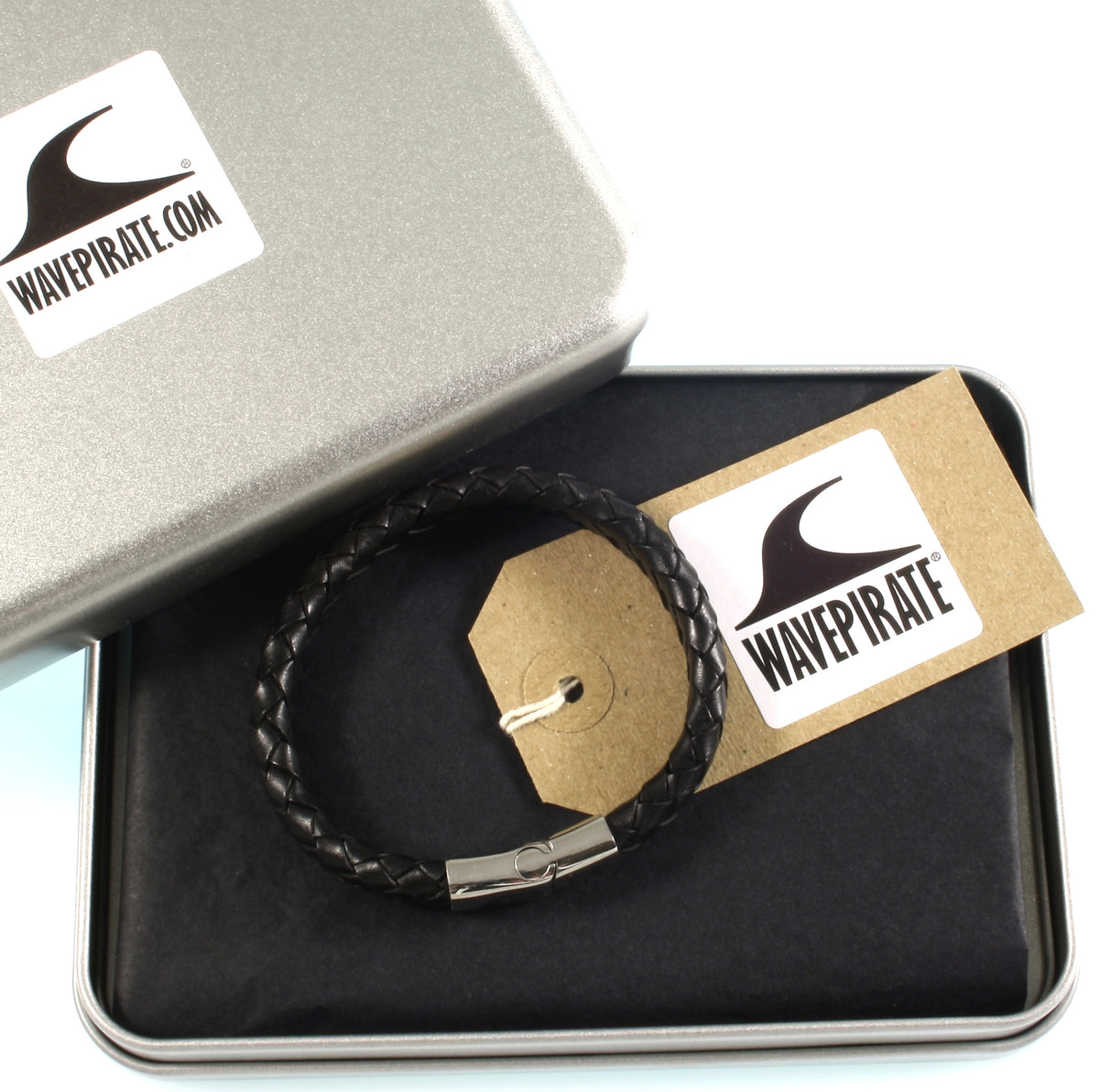 Leder-Armband-Herren-Tarifa-schwarz-geflochten-oval-Edelstahlverschluss-verpackt-wavepirate-shop-ov