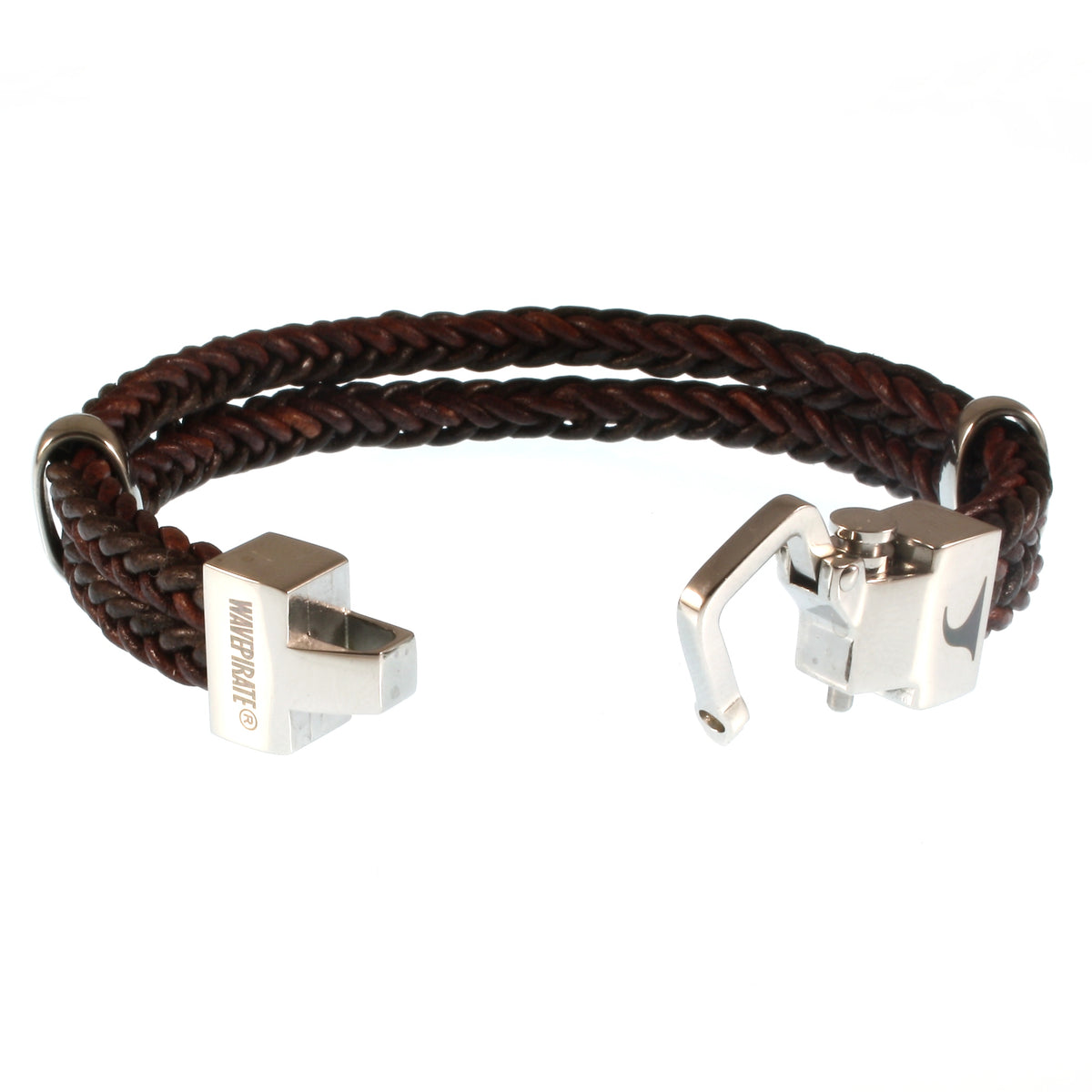 Leder-Armband-Herren-Turn-braun-geflochten-Edelstahlverschluss-offen-wavepirate-shop-z8