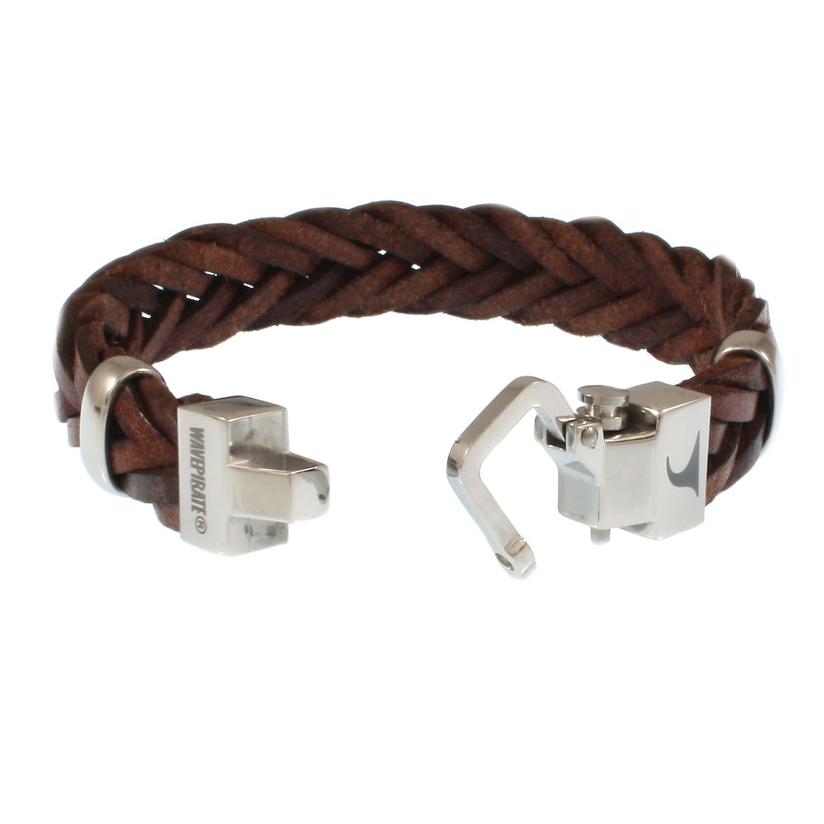 Leder-Armband-Herren-Turn-braun-geflochten-flach-Edelstahlverschluss-offen-wavepirate-shop-f15