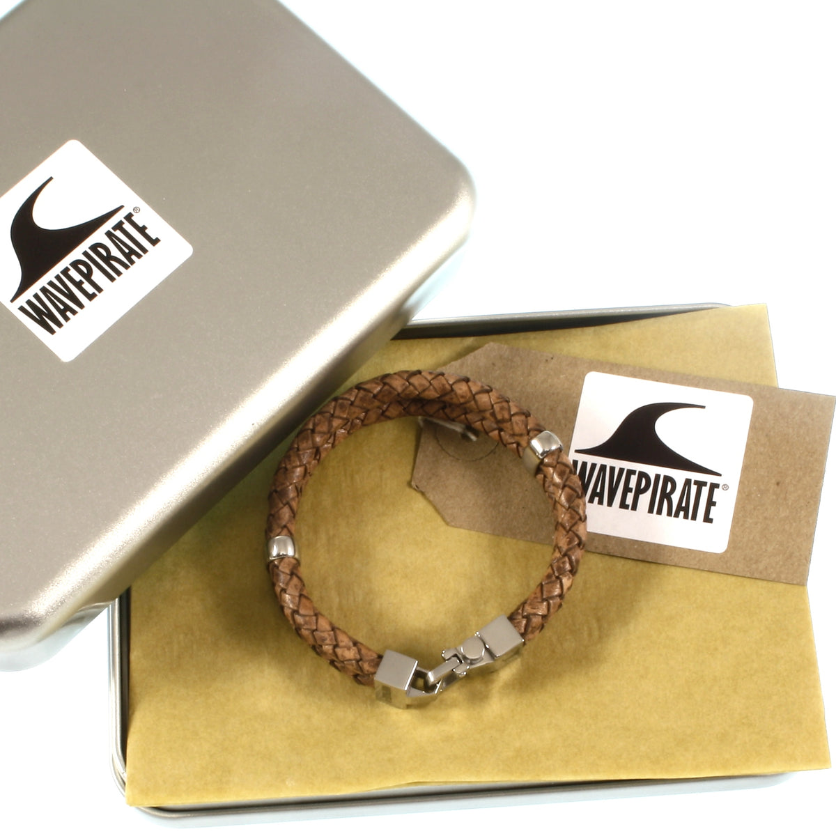 Leder-Armband-Herren-Turn-cognac-geflochten-Edelstahlverschluss-geschenkbox-wavepirate-shop-f