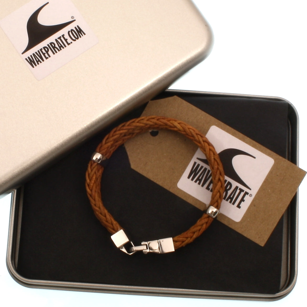 Leder-Armband-Herren-Turn-cognac-geflochten-Edelstahlverschluss-geschenkbox-wavepirate-shop-z8