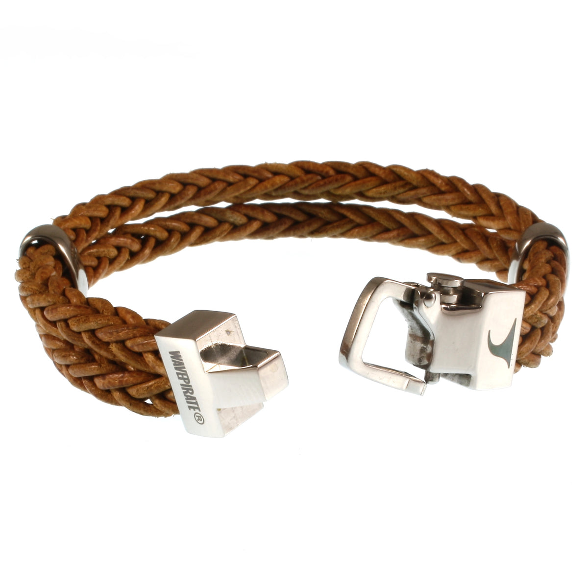 Leder-Armband-Herren-Turn-cognac-geflochten-Edelstahlverschluss-offen-wavepirate-shop-z8