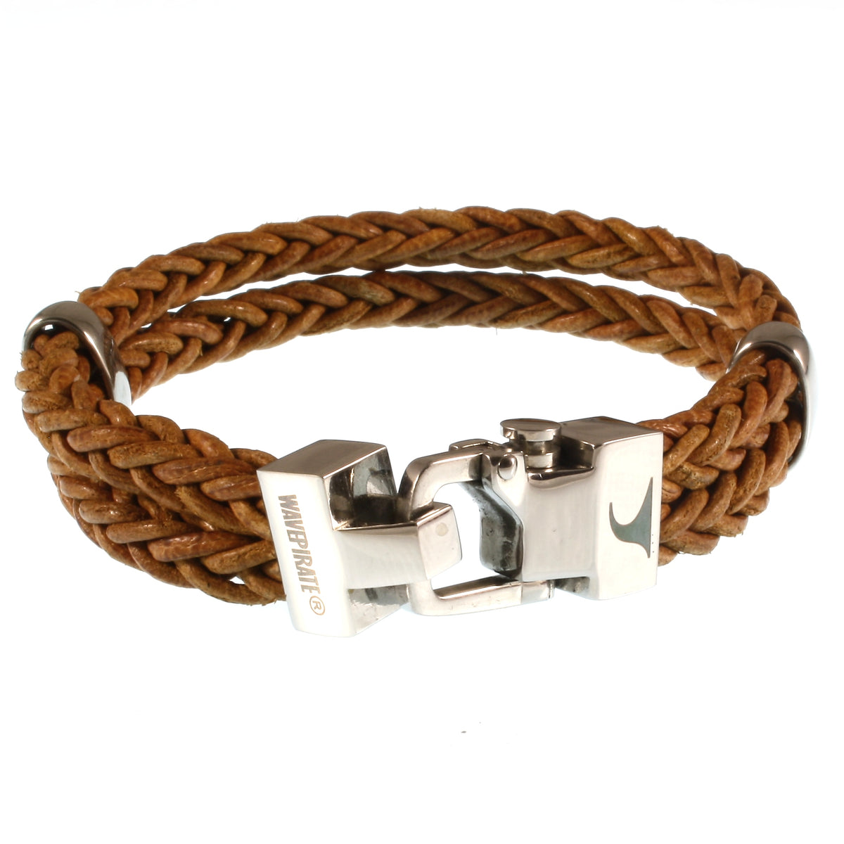 Leder-Armband-Herren-Turn-cognac-geflochten-Edelstahlverschluss-vorn-wavepirate-shop-z8