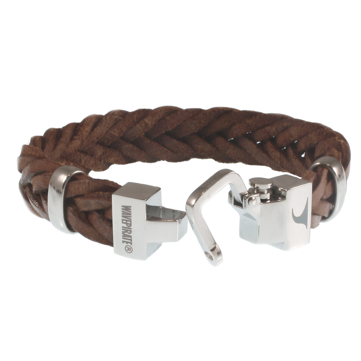 Leder-Armband-Herren-Turn-cognac-geflochten-flach-Edelstahlverschluss-offen-wavepirate-shop-f15