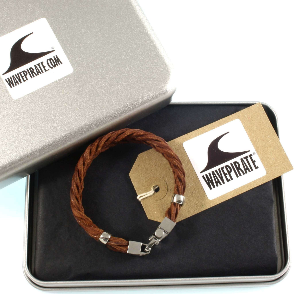 Leder-Armband-Herren-Turn-cognac-geflochten-flach-Edelstahlverschluss-verpackt-wavepirate-shop-f15