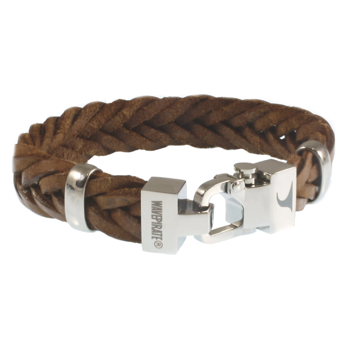 Leder-Armband-Herren-Turn-cognac-geflochten-flach-Edelstahlverschluss-vorn-wavepirate-shop-f15