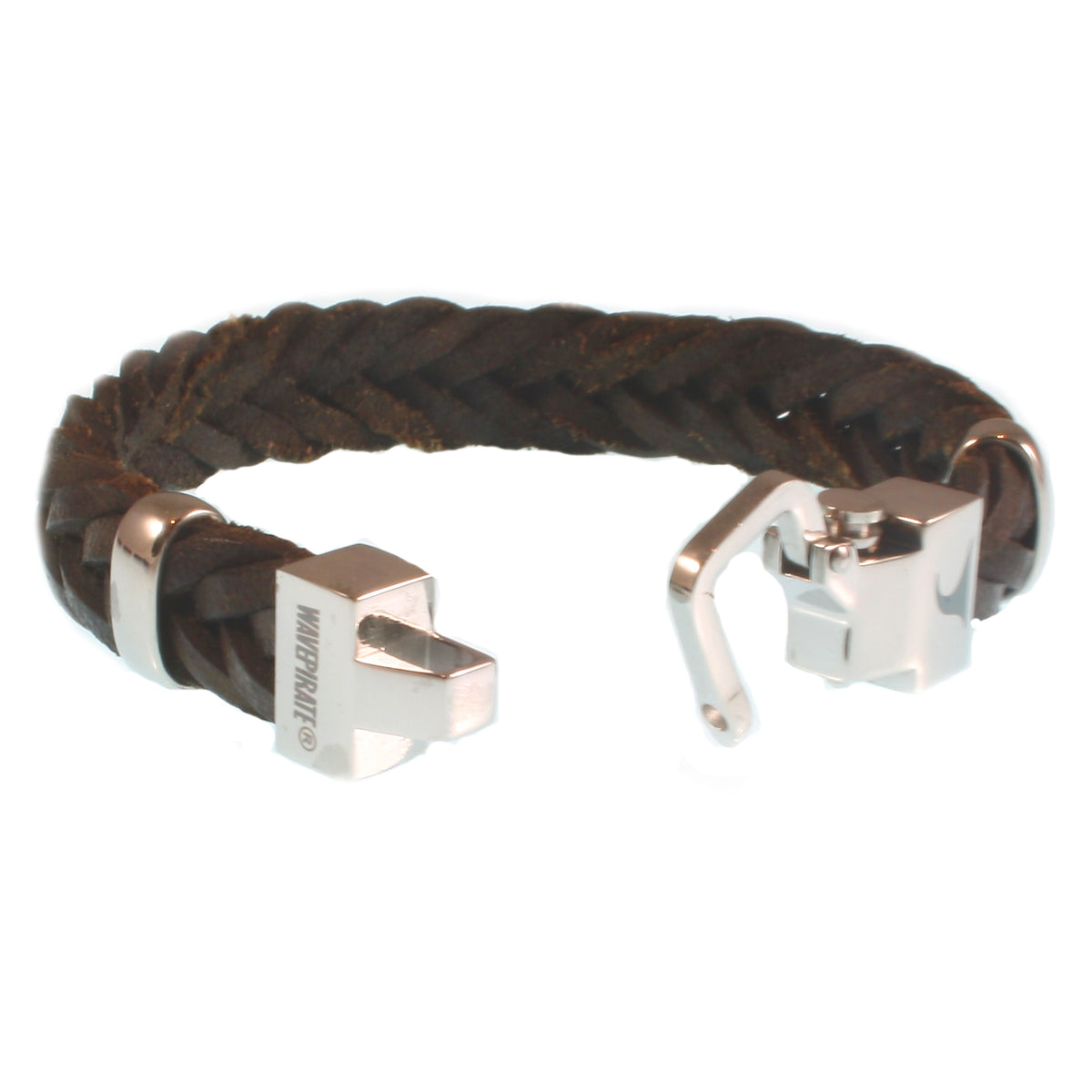 Leder-Armband-Herren-Turn-dunkelbraun-geflochten-flach-Edelstahlverschluss-offen-wavepirate-shop-f15