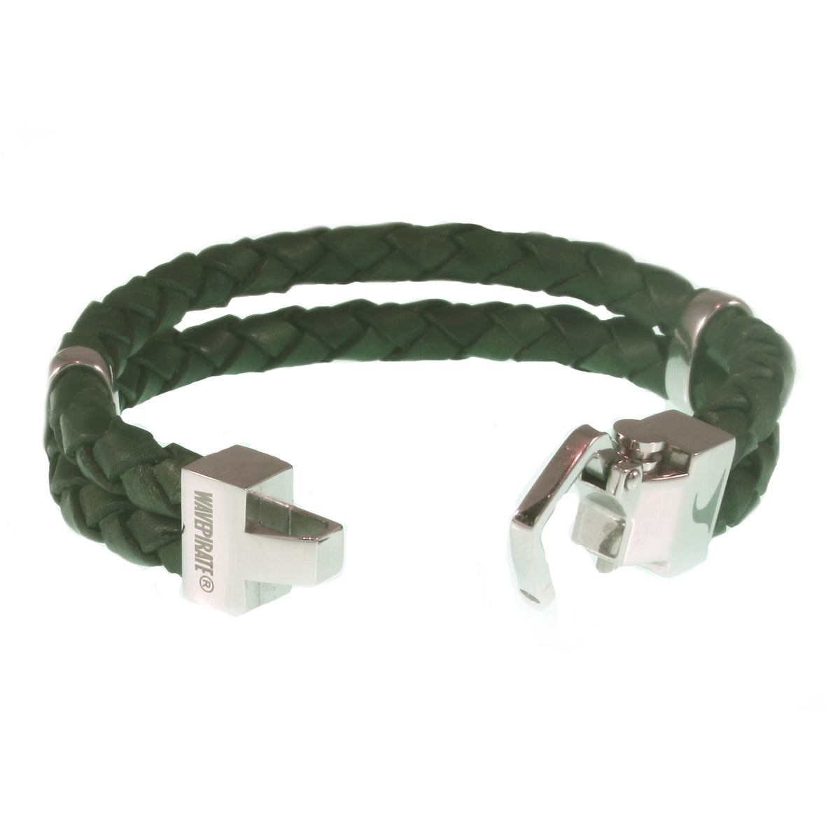 Leder-Armband-Herren-Turn-gruen-geflochten-Edelstahlverschluss-offen-wavepirate-shop-f