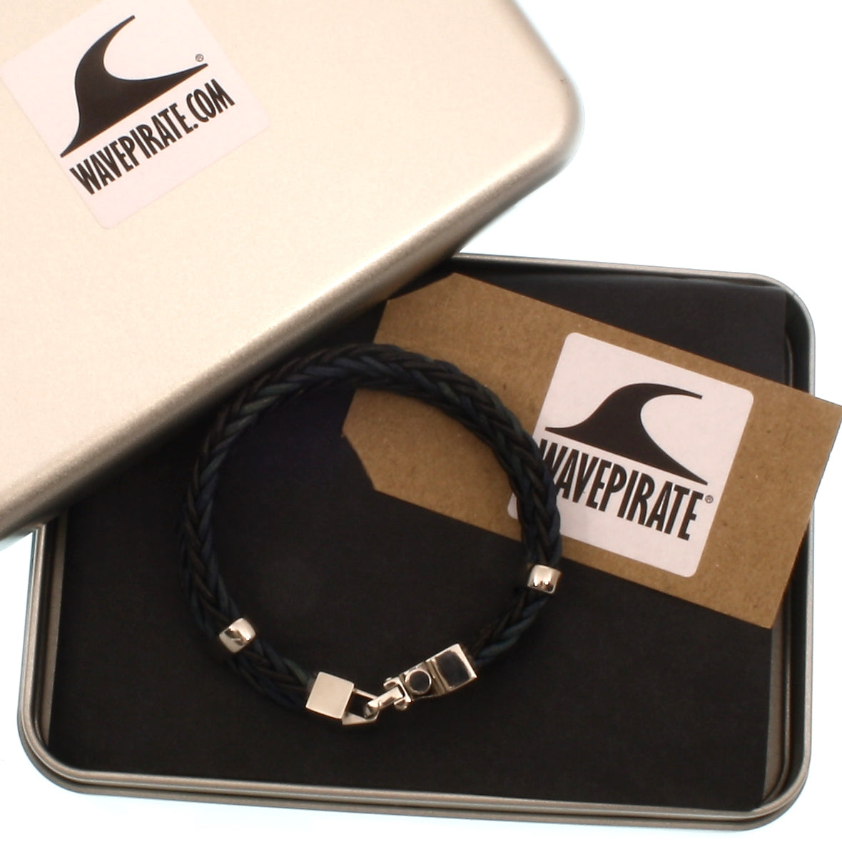 Leder-Armband-Herren-Turn-schwarz-blau-geflochten-Edelstahlverschluss-geschenkbox-wavepirate-shop-z8