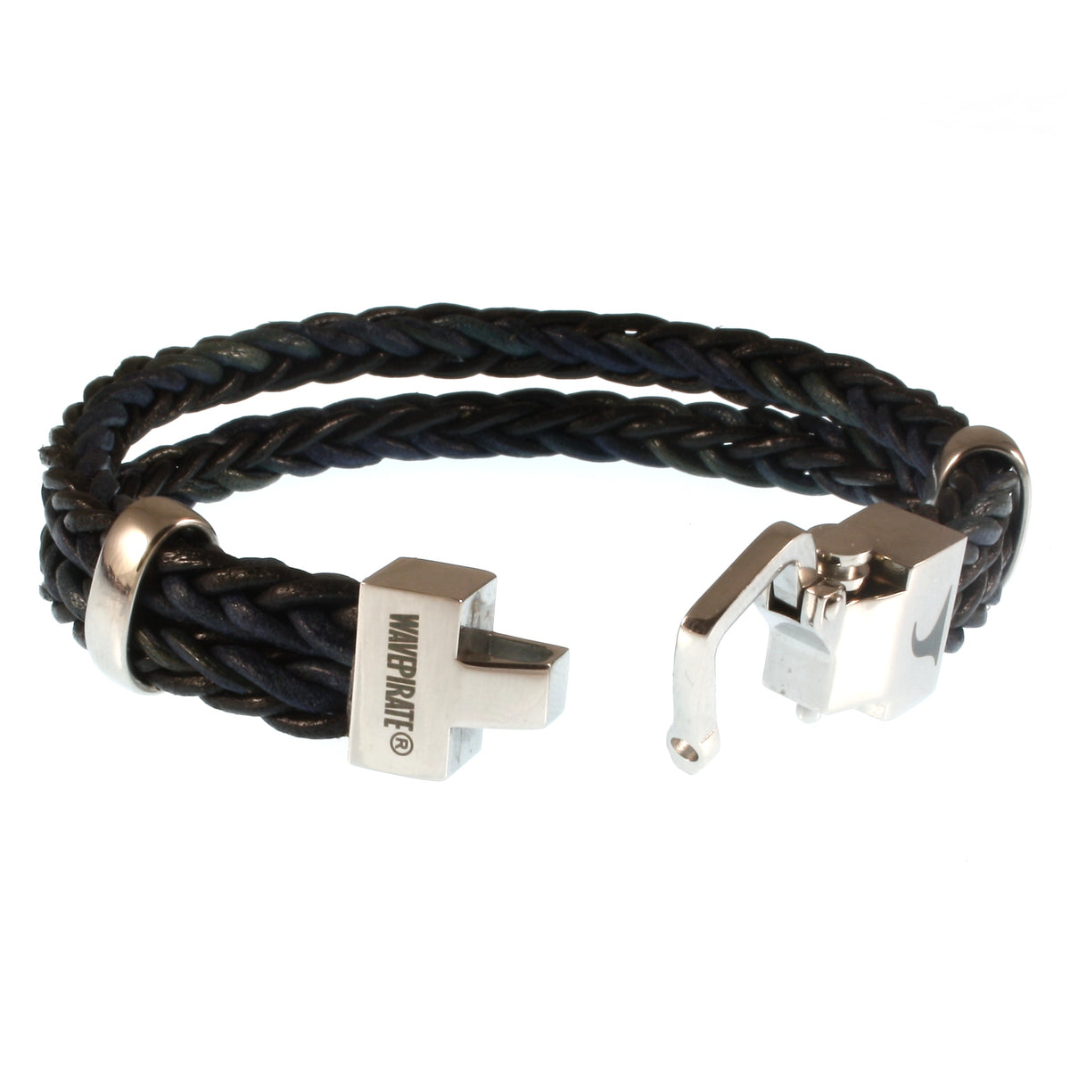 Leder-Armband-Herren-Turn-schwarz-blau-geflochten-Edelstahlverschluss-offen-wavepirate-shop-z8