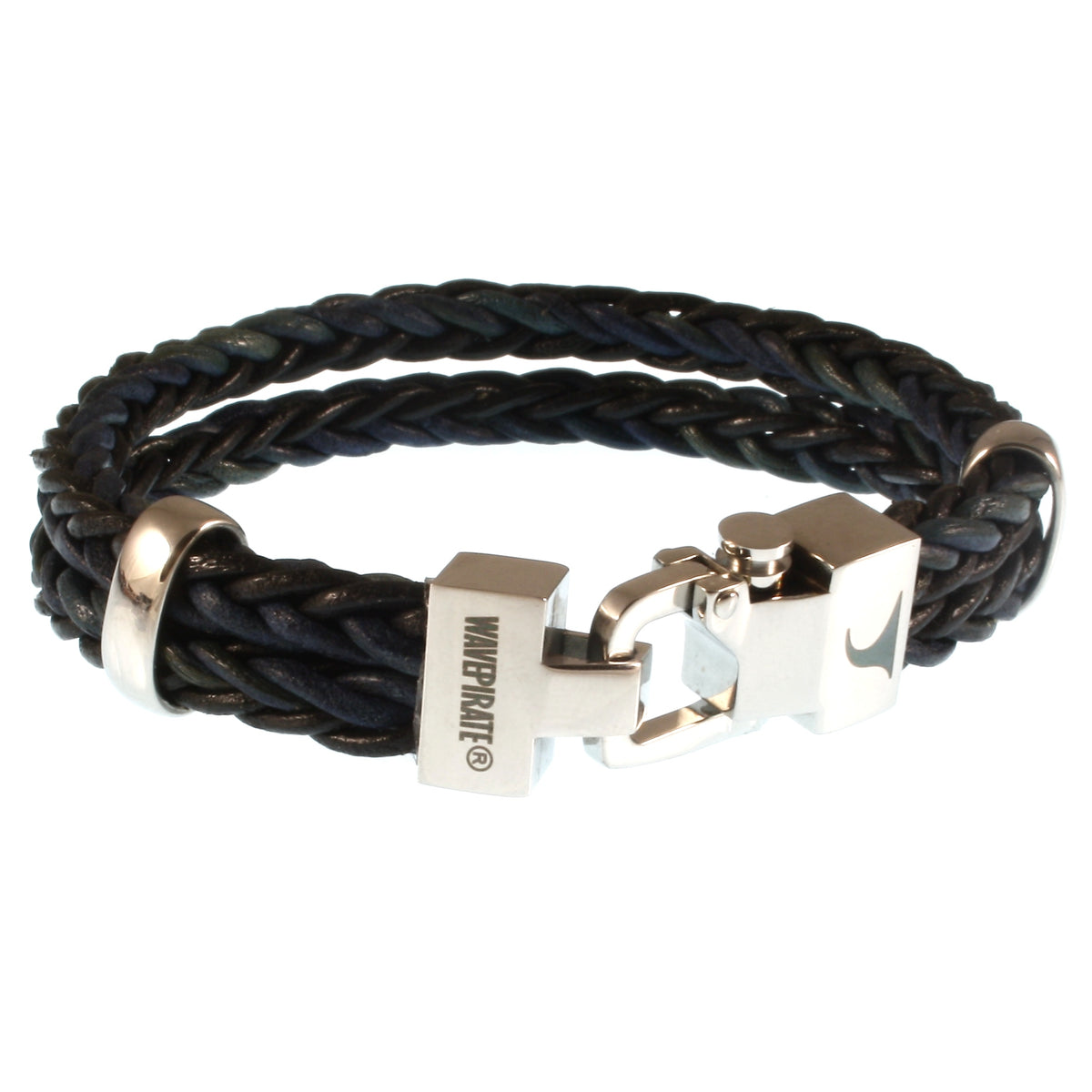 Leder-Armband-Herren-Turn-schwarz-blau-geflochten-Edelstahlverschluss-vorn-wavepirate-shop-z8