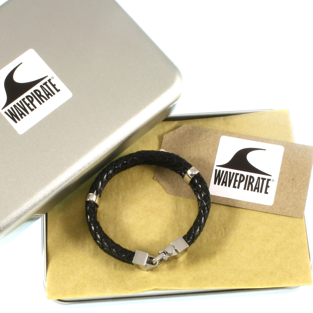 Leder-Armband-Herren-Turn-schwarz-geflochten-Edelstahlverschluss-geschenkbox-wavepirate-shop-f