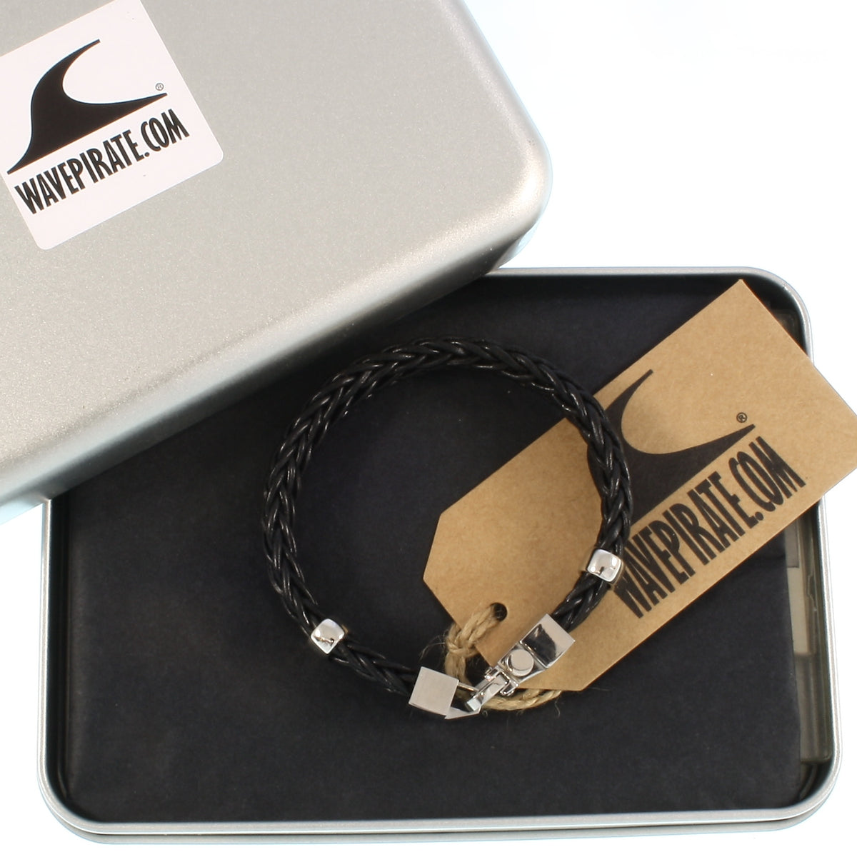 Leder-Armband-Herren-Turn-schwarz-geflochten-Edelstahlverschluss-geschenkbox-wavepirate-shop-z8