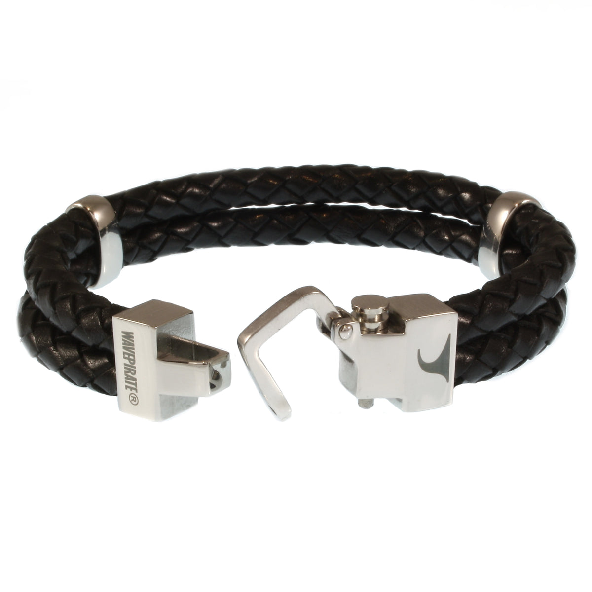 Leder-Armband-Herren-Turn-schwarz-geflochten-Edelstahlverschluss-offen-wavepirate-shop-f