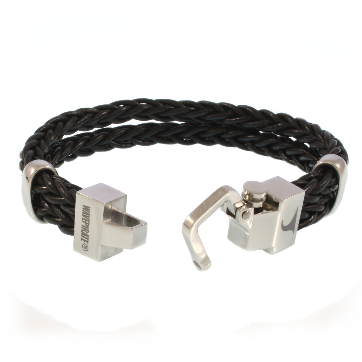 Leder-Armband-Herren-Turn-schwarz-geflochten-Edelstahlverschluss-offen-wavepirate-shop-z8